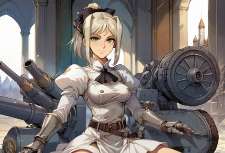 score_9, score_8_up, score_8, score_7_up, score_7, anime of hmkshll, green eyes, platinum blonde hair, high ponytail, bangs, sidelocks, hair ribbon, knight dress, gauntlets, belt, medium breasts, castle, posing for a photo, facing viewer, looking at viewer, female focus,  (dynamic lighting:1.1), Sitting on a Cannon, , looking at a Cannon, Culverin, smiling ,  ground vehicle, military vehicle,bslskspg, basilisk, Basilisk Self-propelled Gun 
((masterpiece))