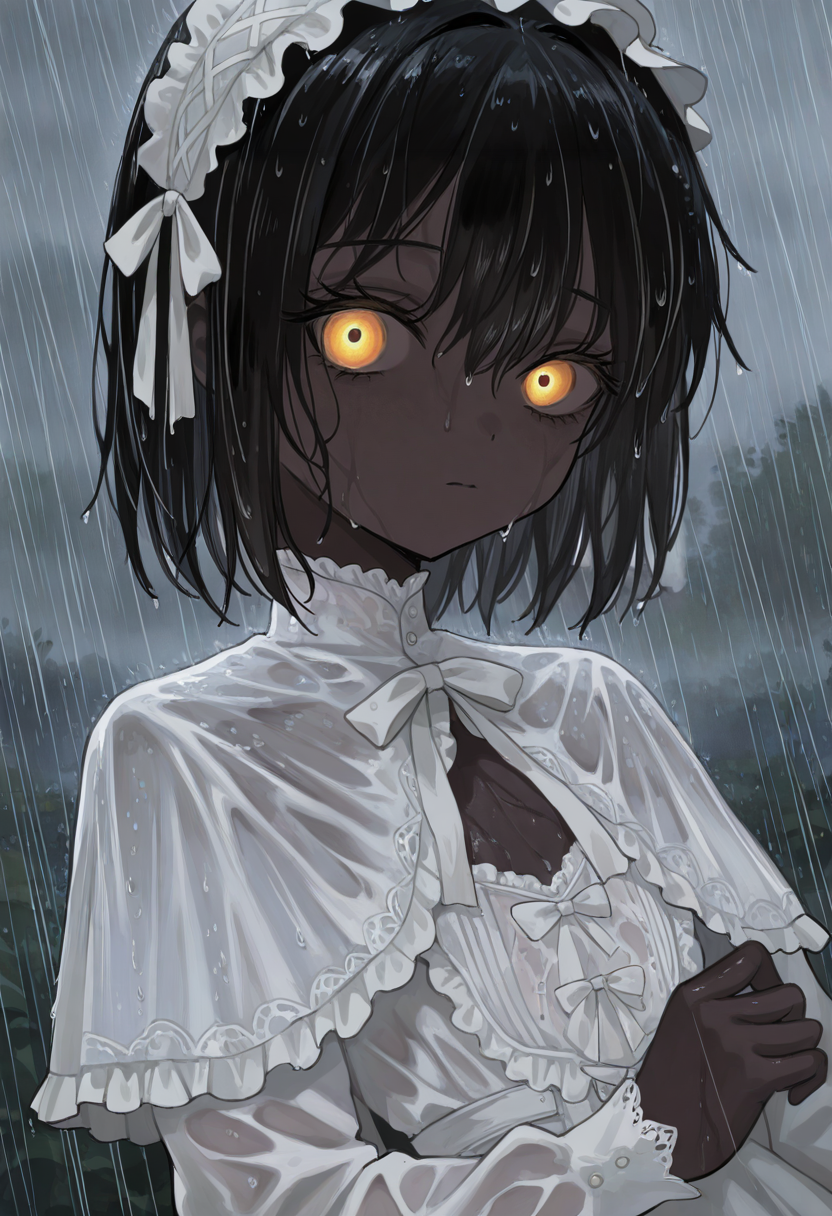 masterwork, perfect quality , amazing quality, absurdres, newest, hyper detailed, detailed, masterpiece, highly detailed, best quality, absolutely eye-catching, 1girl, solo, theprincess, dark-skinned female, very dark skin, black hair, short hair, yellow eyes, petite, flat chest, maid headdress, frilled hairband, white dress, long sleeves, capelet, white bow, glowing eyes, portrait, face focus, close-up, rain, wet, soaked, wet hair, glossy skin, shiny skin, looking at viewer <lora:theprincess-illust:1> <lora:NOOB_vp1_detailer_by_volnovik_v1:0.3> <lora:spo_sdxl_10ep_4k-data_lora_webui:0.6> <lora:748cmSDXL:0.3> <lora:mon_monmon2133:0.4> <lora:noobai_vpred_1_masterpieces_v23:0.5>