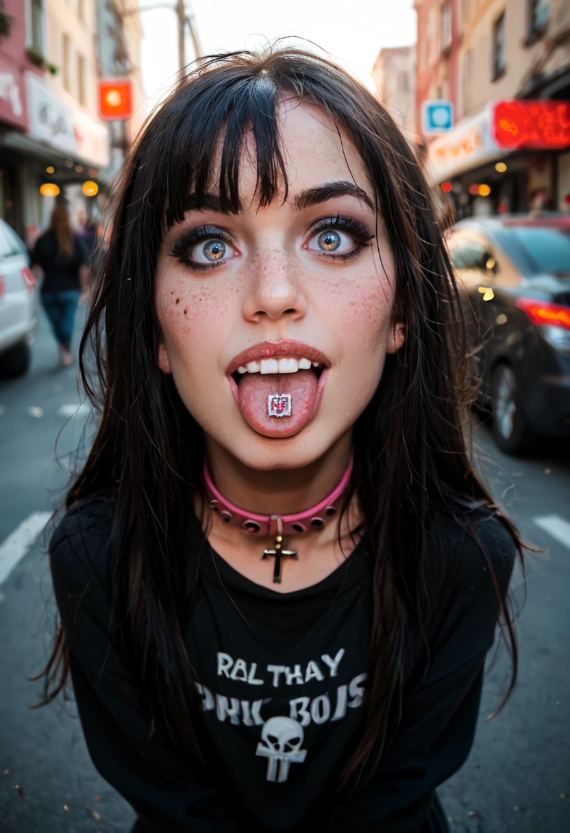 score_9, score_8_up, score_7_up, score_6_up, score_5_up, score_4_up, BREAK, RAW, photo, 8k, very sharp, (source_real:1.3), street,
cute young goth limbo, freckles, blush, bangs, long hair, black makeup, over the shoulder sweater, collar with metal ring, open mouth, tongue out, [stud], white teeth, (cross eyed), 34tp4p3r
<lora:MJ52:0.4>  <lora:CinematicStyle_v1:0.4>  <lora:officialpit_style_v11:0.3>  <lora:34tp4p3rXLP:1>