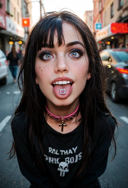 score_9, score_8_up, score_7_up, score_6_up, score_5_up, score_4_up, BREAK, RAW, photo, 8k, very sharp, (source_real:1.3), street,
cute young goth limbo, freckles, blush, bangs, long hair, black makeup, over the shoulder sweater, collar with metal ring, open mouth, tongue out, [stud], white teeth, (cross eyed), 34tp4p3r
<lora:MJ52:0.4>  <lora:CinematicStyle_v1:0.4>  <lora:officialpit_style_v11:0.3>  <lora:34tp4p3rXLP:1>