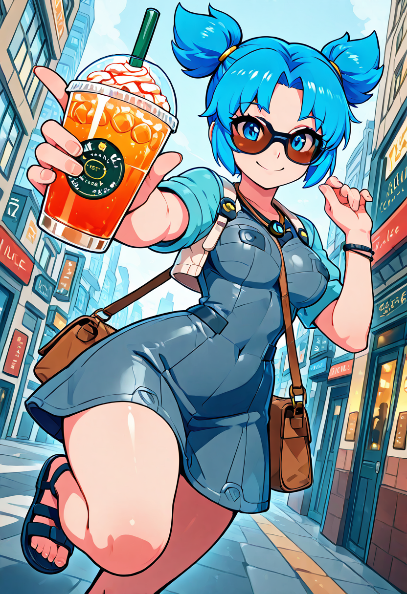 masterpiece, best quality, solo, curvy, beautiful eyes, narrow waist, wide hips, 1girl, solo, smile, looking at viewer, dynamic angle, foreshortening, close up,    zzVela, blue eyes, blue hair, short hair, twintails, short twintails, <lora:VelaJetforce_IXL:0.8>,[Cultural City Tour], comfortable but stylish maxi dress with boho patterns, leather crossbody bag with fringe details, comfortable flat sandals, chunky statement necklace, large sunglasses, city streets with historic landmarks in the background, sipping a local drink while exploring art galleries and cafes,