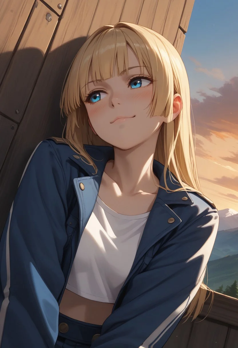(score_9, score_8_up, score_7_up), 1girl, solo,( blonde hair), blue eyes, long hair, hime cut, long bangs, small breasts, collarbone, open jacket, white crop top, leather jacket, blue jacket, sunset, leaning on wall, wooden wall,
( face focus, from below, close-up:1.3), metal railguard, mountains,
fisheye, (relaxed, looking away, dutch angle:1.2),
smug, blush