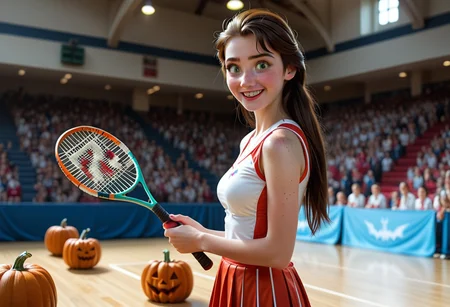 ((cinematic)), score_9, score_8_up, score_7_up, (side view), ((on the field)), badminton hall, bats:1.3, crowd:1.1, (cowboy shot:1.3), indoors, (pumpkin king), college athlete, badminton girl, shocked, frozen smile, blush, ((pale skin, freckles, frozen sweat)), cute face, pretty girl, medium breasts, sexy woman, badminton uniform, slim and fit, looking at viewer, detailed cute face, shoulder-long hair, (face focus), detailed perky breasts, solo:1.3, 2000s nostalgia, ((halloween racket)), (green pumpkins:1.3)