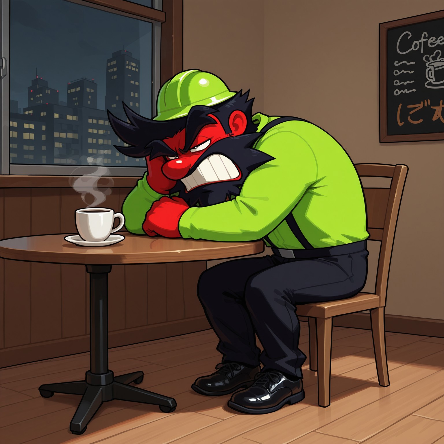 Anton, 2d, solo, 1boy, human, man, red skin, red body, black pupils, lime green shirt, long sleeves, small lime green hard hat, black pants, black suspenders, black shoes, black hair, scruffy long black beard, black eyebrows, big red nose, broad shoulders, short, small legs

BREAK sitting on chair, half closed eyes, grumpy, gritting teeth, head in hand, arm on table, table

BREAK best quality, amazing quality, very aesthetic, absurdres, newest, indoors, cafe, window, coffee on table, steam