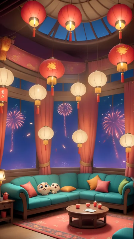cjcj,lantern,no_humans,night,fireworks,lots of lanterns,cartoon scene,<lora:Chinese Spring Festival scene_XSE_GAME_V1:0.8>,ceiling window,couch,curtains,gorgeous wallpaper,