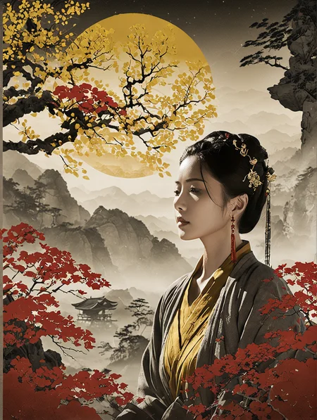 Double Exposure Style, cinematic photo ink wash painting of A traditional Chinese art-inspired portrait, featuring a woman in ancient Hanfu attire,silhouetted rocks, and golden-yellow blossom branches. The serene landscape evokes the tranquility found in classical Chinese paintings from the Song and Ming dynasties. Complementing the scene are golden calligraphy characters and red seals, all set within a color palette rich in soft golds, whites, and deep reds.
.Using shadows as the main subject, playing with light.,Half the face lit, the other in shadow for dramatic portraits. . monochromatic, loose, fluid, expressive, delicate,colorful . 35mm photograph, film, bokeh, professional, 4k, highly detailed, double image ghost effect, image combination, double exposure style