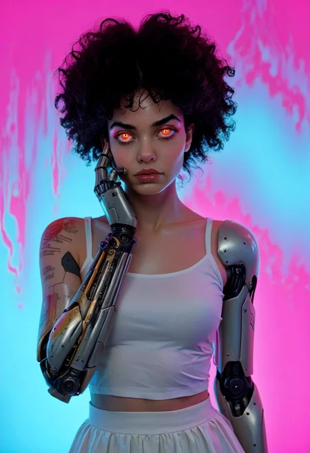 score_7_up, (score_9:1.1), (ugly:0.9),(pretty:1.4), 1woman, adult, realistic, realism, hyper realistic, black hair, (red iris, glowing iris, neon white pupils:1.3), looking at viewer, big hair, huge afro, zero gravity hair, detailed, perfect, perfection, hands, big scar across face,
BREAK,
((white shirt, off shoulders, white skirt, glossy lips, shiny skin)), full lips, hands behind back, (upper body:1.9),  blocky shape cybernetics, cybernetics, cybernetic skin, raised eyebrow, pale skin, ((snub nose:1.4)), breasts, (ear piercing, nose piercing:1.2), (prominent abs:1.1), focus upper body,  sweating, 
BREAK,
(neon background, future slums, neon, cybernetic background, mist:1.3),(cybernetic mechanical arm, prosthesis:1.3),