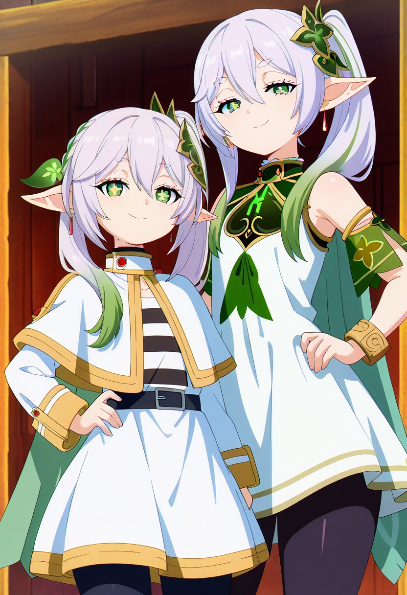 masterpiece, best quality,  
(2girls, multiple girls), 
zzNahida, green eyes, cross-shaped pupils, symbol-shaped pupils, long hair, multicolored hair, pointy ears, white hair, hair ornament, gradient hair, side ponytail, green hair, hair between eyes, leaf hair ornament, sidelocks, white dress, detached sleeves, sleeveless dress, bracelet, bare shoulders, green cape,
zzFrieren, long hair, twintails, green eyes, grey hair, pointy ears, elf, shirt, long sleeves, jewelry, earrings, striped, capelet, striped shirt, white skirt, black pantyhose,
cowboy shot, hand on hip, smug, smile, looking at viewer, shiny skin,