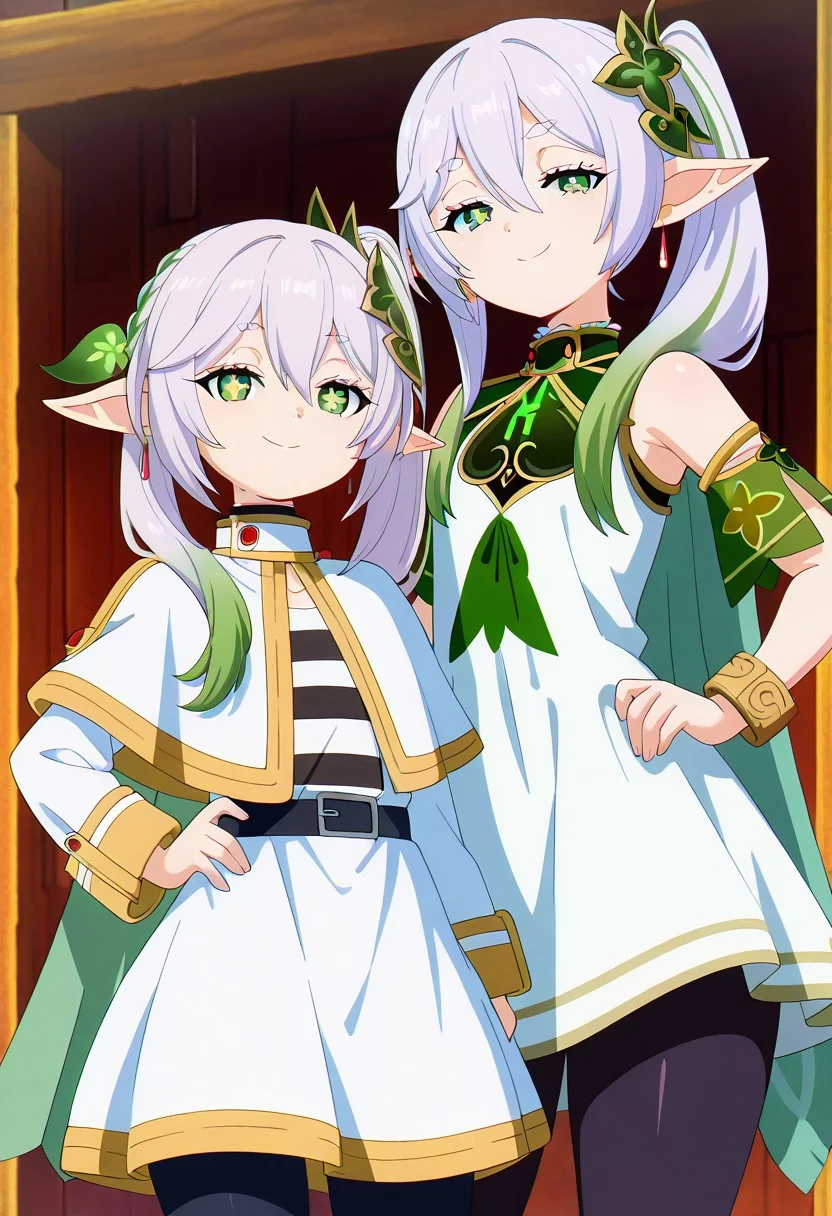 masterpiece, best quality,
(2girls, multiple girls),
zzNahida, green eyes, cross-shaped pupils, symbol-shaped pupils, long hair, multicolored hair, pointy ears, white hair, hair ornament, gradient hair, side ponytail, green hair, hair between eyes, leaf hair ornament, sidelocks, white dress, detached sleeves, sleeveless dress, bracelet, bare shoulders, green cape,
zzFrieren, long hair, twintails, green eyes, grey hair, pointy ears, elf, shirt, long sleeves, jewelry, earrings, striped, capelet, striped shirt, white skirt, black pantyhose,
cowboy shot, hand on hip, smug, smile, looking at viewer, shiny skin,