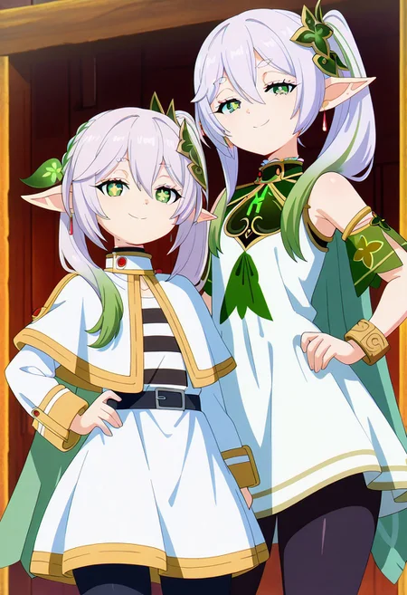 masterpiece, best quality,
(2girls, multiple girls),
zzNahida, green eyes, cross-shaped pupils, symbol-shaped pupils, long hair, multicolored hair, pointy ears, white hair, hair ornament, gradient hair, side ponytail, green hair, hair between eyes, leaf hair ornament, sidelocks, white dress, detached sleeves, sleeveless dress, bracelet, bare shoulders, green cape,
zzFrieren, long hair, twintails, green eyes, grey hair, pointy ears, elf, shirt, long sleeves, jewelry, earrings, striped, capelet, striped shirt, white skirt, black pantyhose,
cowboy shot, hand on hip, smug, smile, looking at viewer, shiny skin,