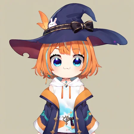 score_9, score_8_up, score_7_up, BREAK,
1girl, chibidokistyle, chibi, simple background, virtual youtuber, <lora:chibidokistyle-000004:1>
<lora:meteoraponyxl:0.7> meteora ,strabic eyes, 1girl, solo, short orange hair, blue eyes, witch hat ,jacket