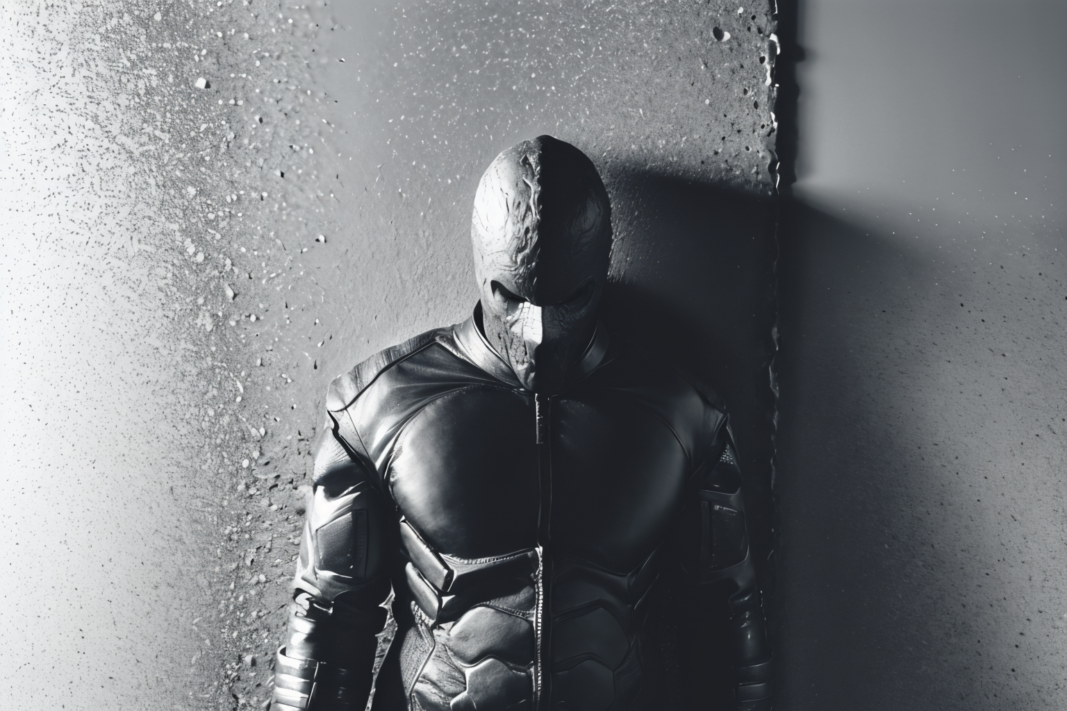 (Realisitc:1.5) edobrendel, man, greyscale, upside-down, depth of field, facing viewer, wall, holding, jacket, greyscale, simple background, realistic, <lora:EdobRendel_v1.0:0.8>