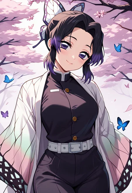 score_9, score_8_up, score_8, big breasts, (curvy), cute, eyelashes,
patShinobu, shinobu kochou, animal print, black hair, butterfly, butterfly hair ornament, butterfly print, forehead, gradient hair, hair ornament, haori, multicolored hair, parted bangs, purple hair, short hair, two-tone hair, belt, black pants, butterfly print, coat, demon slayer uniform, haori, japanese clothes,
zPDXL,
smile, looking at viewer, head tilt, blush, ,