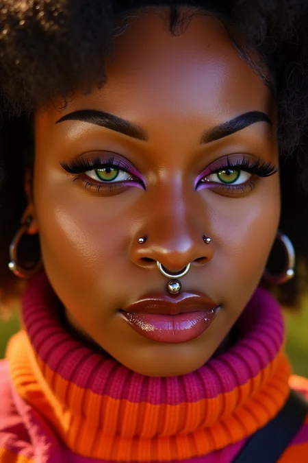 Close-up shot of a stunning African American woman's face, vibrant turtleneck sweater subtly framing her features. Warm lighting accentuates emerald-green eyes with purple undertones, intensity radiating as she pierces the lens. Silver nose ring and lip/cheek piercings add rebellious flair to enigmatic expression. Full lips glisten with lip gloss, unapologetic personality shining through.