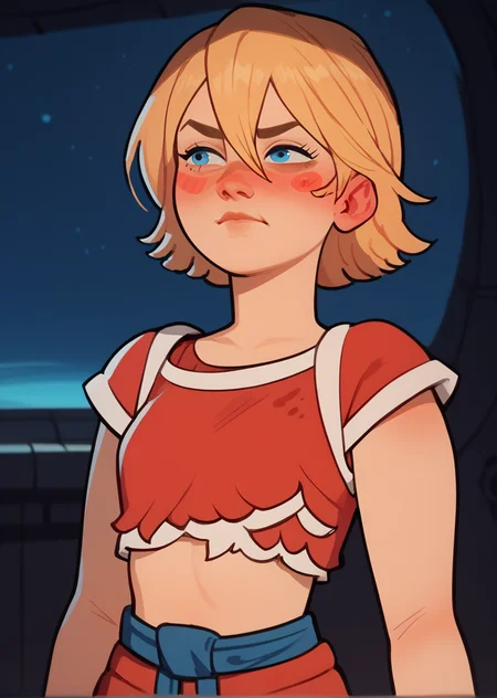 score_9, score_8_up, score_7_up, score_6_up, 1girl, solo, sexy, angry,  night, wearing Croptop, red clothes, torn clothes,at spaceship,
 <lora:alisattp_pdxl-000009:0.75> alisattp, blonde hair, blue eyes, blush stickers, light smile, hair between eyes, bangs
<lora:p_MARELycoXL:1>