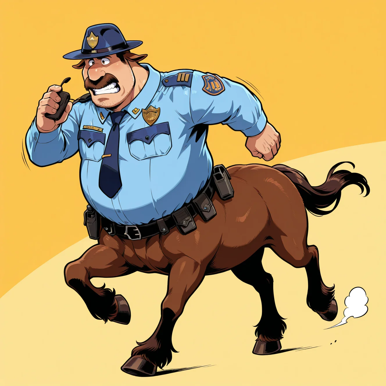 coltbronco, solo, centaur, full body, running, police hat, police uniform, police hat, holding walkie-talkie, necktie, police badge