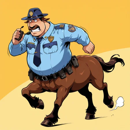 coltbronco, solo, centaur, full body, running, police hat, police uniform, police hat, holding walkie-talkie, necktie, police badge
