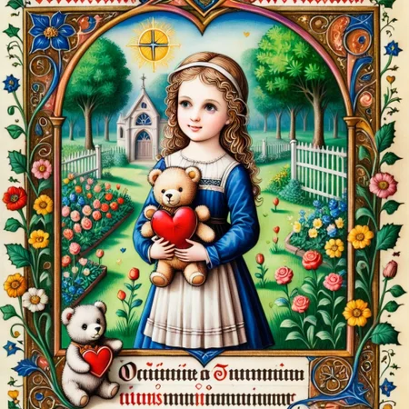 a pam-mdvl a cute girl, holding a teddy,garden background,heart frame, texta, divine light,highly detailed, dynamic, masterpiece,intricate,hdr