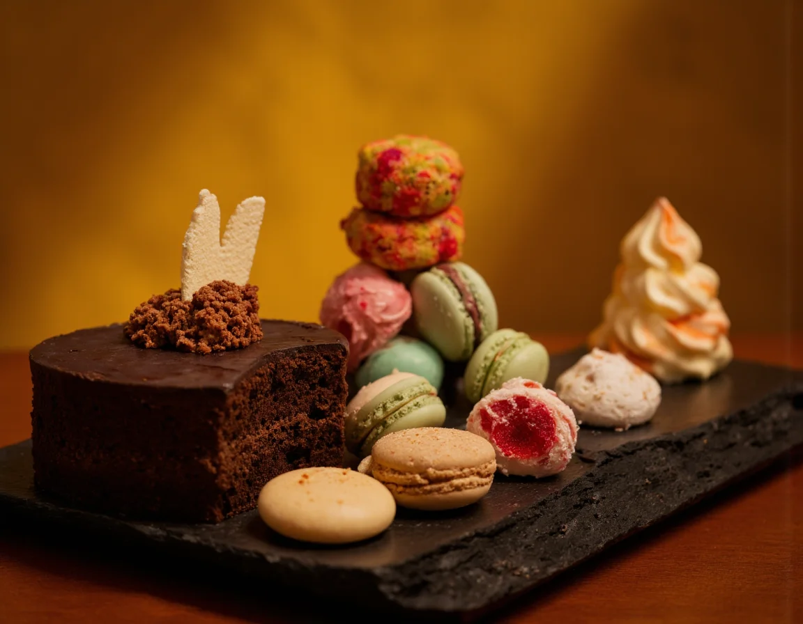 <lora:{yummy, }yummy-000019:0.85> yummy, A stunning 4K photorealistic image of an assortment of beautiful desserts, set against a warm, golden background that evokes a sense of luxury and indulgence. The desserts, carefully arranged on a sleek, dark wooden table, include a decadent chocolate cake with moist, fluffy texture and rich, velvety chocolate frosting, a delicate raspberry tart with intricate, swirling patterns of red and green, and a colorful macaron tower with perfectly rounded, chewy meringue-based cookies in a variety of pastel hues. Each dessert is meticulously detailed, with realistic textures and reflections that invite the viewer to reach out and touch. The lighting is soft and warm, with a subtle glow that highlights the delicate curves and contours of the desserts, and casts a gentle, mouthwatering shadow on the table below. The atmosphere is one of serene indulgence, as if the viewer has stumbled upon a hidden patisserie filled with sweet treasures. The shot is a close-up, with a shallow depth of field that blurs the background and focuses the viewer's attention on the exquisite details of the desserts. The overall mood is one of sumptuous delight, with a hint of temptation and allure. The image features a high level of detail and texture, with subtle imperfections and nuances that enhance the photorealistic effect, and a cinematic composition that draws the viewer in and refuses to let go. 8k highest resolution with sharp intricate details. Hyperrealistic, detailed, and vivid. . 35mm photograph, film, bokeh, professional, 4k, highly detailed