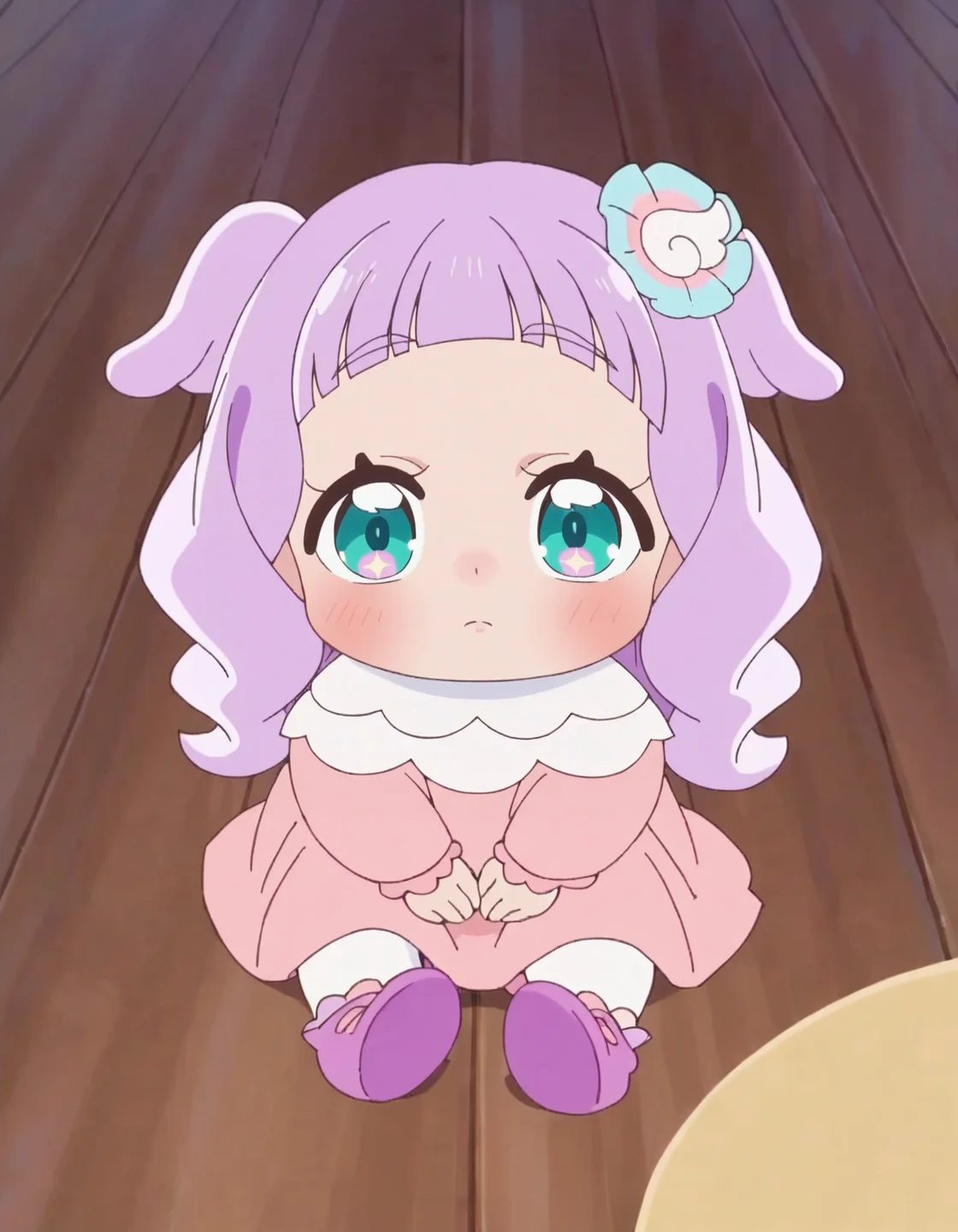 score_9, score_8_up, score_7_up, anime screencap, solo,1girl,ellee-chan, looking at viewer, sitting, :o, wooden floor, dress, hair ornament, blush, on floor, pink dress<lora:ellee-chan:0.8>
