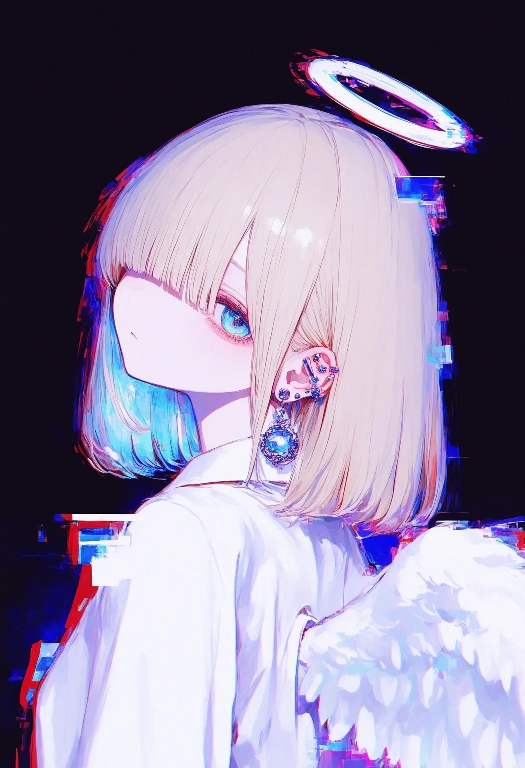 1girl, 
very awa, 748cm, glitch, halo, solo, wings, looking at viewer, earrings, angel wings, jewelry, white wings, angel, feathered wings, upper body, blonde hair, ear piercing, black background, short hair, white hair, piercing, medium hair, hair over one eye, simple background, pale skin, closed mouth, blunt bangs, colored inner hair, one eye covered, blue eyes, straight hair, white halo, multicolored hair, expressionless, from behind, two-tone hair, looking back,
a digital art piece created by the artist j. The character is depicted from behind, facing away from the viewer, and has short blonde hair with blue highlights. They are wearing earrings that add to their ethereal appearance.
masterpiece, best quality, photo-referenced, painting \(medium\)
 <lora:748cm-NoobEPS100-lokr-v03-000080:1>