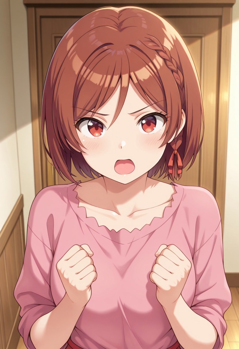masterpiece,best quality,amazing quality, sakuramori akane, short hair, brown hair, red eyes, 1girl, solo, braid, open mouth, ribbon, hair ribbon, looking at viewer, pink shirt, shirt, red ribbon, clenched hands, indoors, collarbone, side braid
