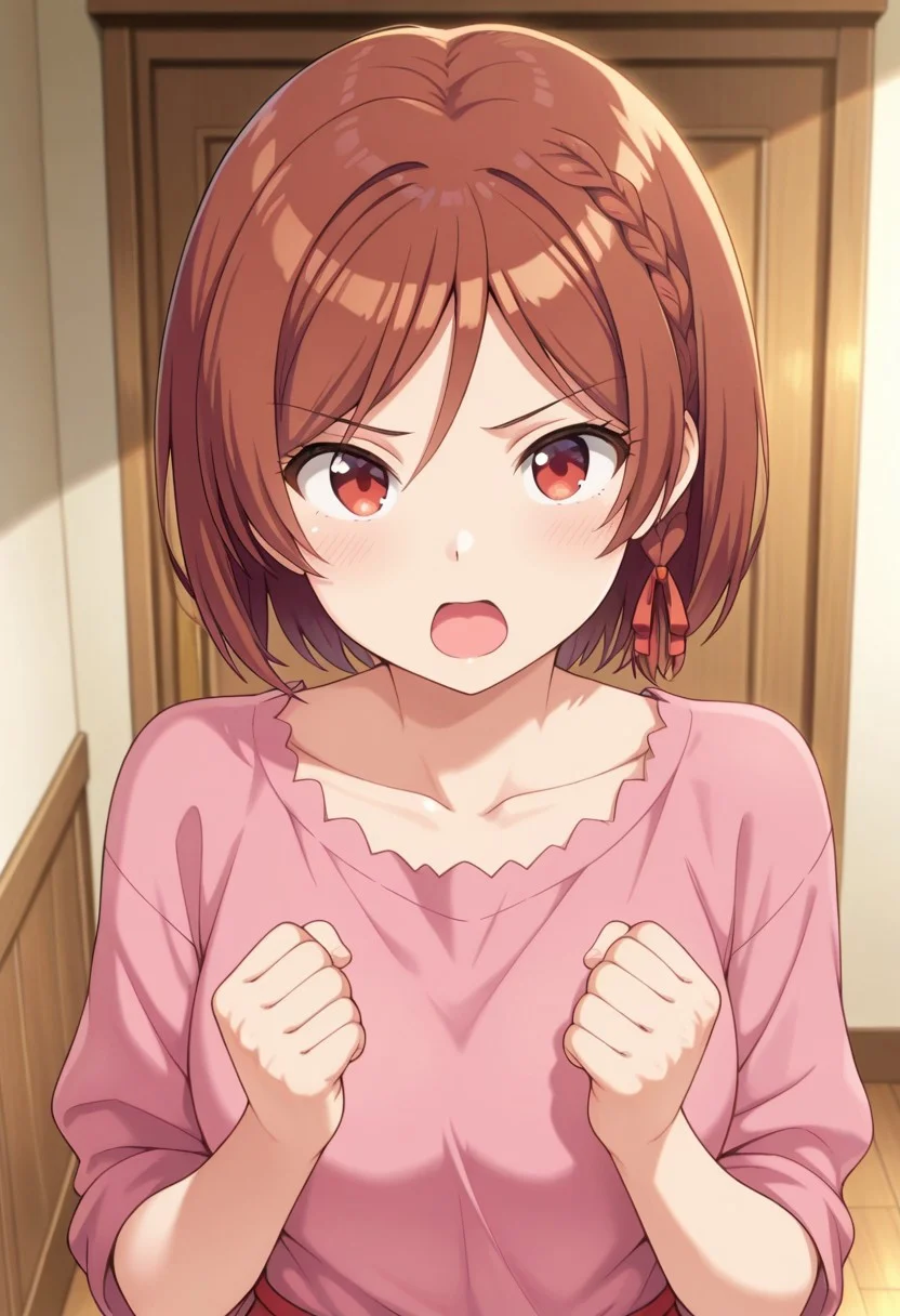 masterpiece,best quality,amazing quality, sakuramori akane, short hair, brown hair, red eyes, 1girl, solo, braid, open mouth, ribbon, hair ribbon, looking at viewer, pink shirt, shirt, red ribbon, clenched hands, indoors, collarbone, side braid