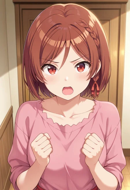 masterpiece,best quality,amazing quality, sakuramori akane, short hair, brown hair, red eyes, 1girl, solo, braid, open mouth, ribbon, hair ribbon, looking at viewer, pink shirt, shirt, red ribbon, clenched hands, indoors, collarbone, side braid