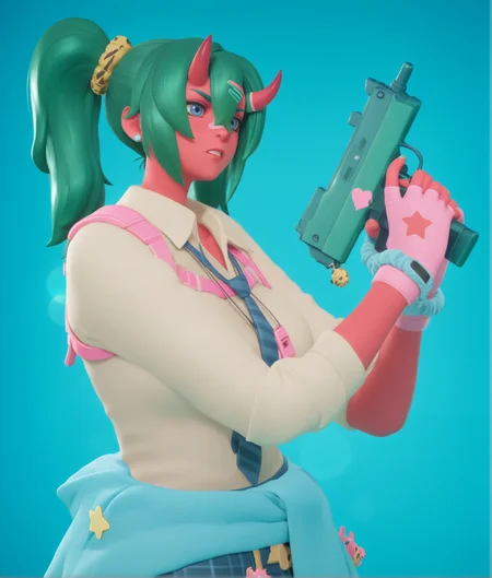 holding, submachine gun, serious expression, blue background, solid background, depth of field, bokeh, intricate details, masterpiece, fortnite_nemia, 1girl, solo, green hair, twintails, ponytail, long hair, bangs, hair between eyes, hair over one eye, ears, horns, oni horns, single horn, red skin, pink skin, blue eyes, parted lips, bandaid, bandaid on nose, bandaid on thighs, breasts, shirt, school uniform, necktie, plaid skirt, thighhighs, socks, loose socks, boots, jewelry, earrings, bracelet, charm, belt, gloves, fingerless gloves, knee pads, leg warmers, collarbone, solo, colored skin, hair ornament, hairclip, scrunchie, holster, striped necktie, clothes around waist, oni, plaid, charm (object), blue necktie, sweater around waist, animal print, heart, shoes, star (symbol), thigh holster, angry expression, serious expression, <lora:Fortnite_Nemia_Demonically_Cute_Set_ILXL_E29_16_DIM:1>