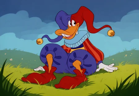 safe_pos, 1boy, solo, Quackerjack, smiling, looking at viewer. furry, duck, jester cap, two-tone hat, hat bell, ruff, long puffy sleeves, mismatched sleeves, blue pants, red shoes, sitting on the ground, low-angle shot with a tilt upwards; Lighting: Warm artificial lighting with subtle shadows; Depth of Field: Shallow, with a blurred background; highly detailed, highquality, 4k,very detailed,masterpiece, score_9, score_8_up, score_7_up,score_9, score_8_up, clear image, no pixels, clear, ng_deepnegative_v1_75t,dramatic lighting