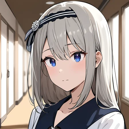masterpiece, aesthetic, 1girl, kei, white dress, sailor collar,  portrait, <lora:KeiShiroganeSDXLmG:0.7>, school background, hallway