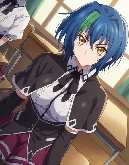 score_9, score_8_up, score_7_up, source_anime,
xenoviaquarta, <lora:dxd-xenovia-quarta-ponyxl-lora-nochekaiser:1>,
xenovia quarta, short hair, blue hair, yellow eyes, multicolored hair, green hair, two-tone hair, streaked hair,
shirt, ribbon, school uniform, white shirt, black ribbon, neck ribbon, capelet, black capelet, long sleeves, skirt, red skirt,
indoors, classroom, sitting, desk, chair,
looking at viewer, dutch angle, cowboy shot,