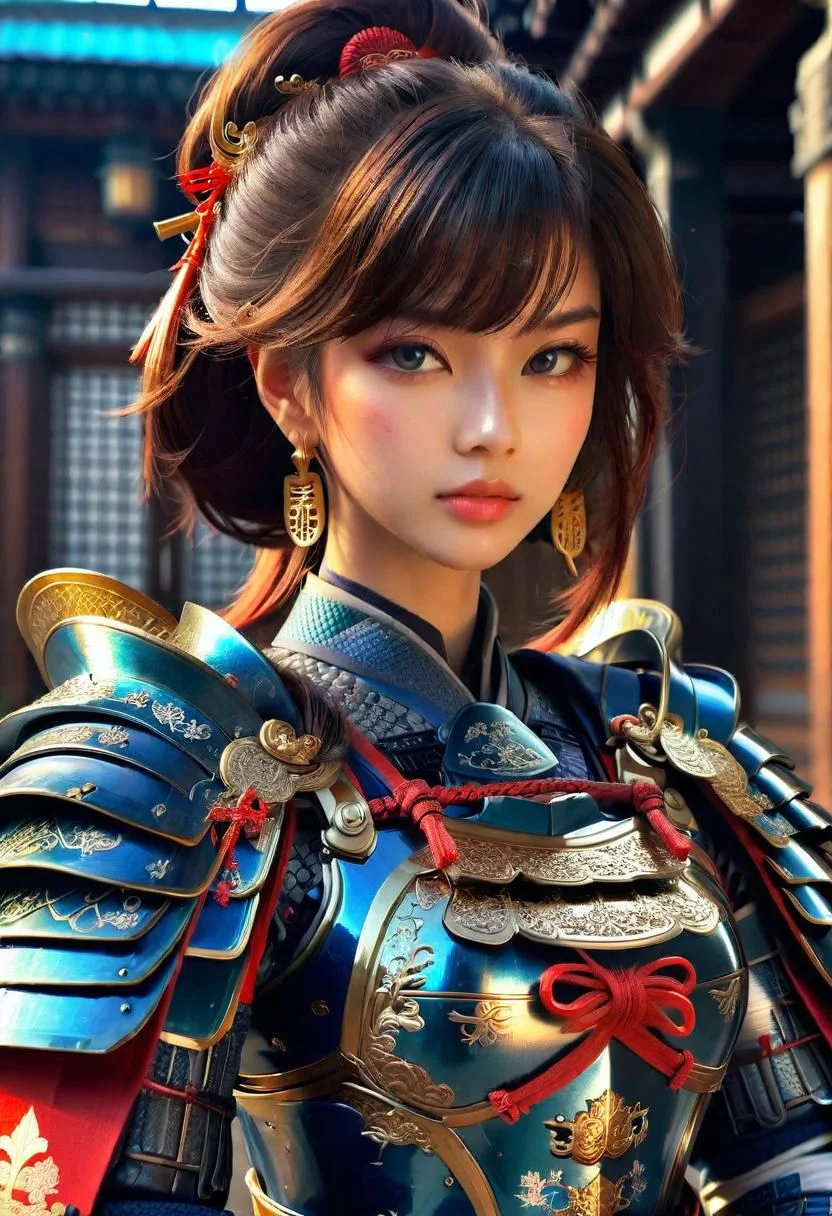 ultra detailed      Masterpiece  8k   ,girl Samurai  complex armor	Multi-layered and large shoulder armor  luster shine  Multilevel  	 black gold 	red blue 	, (beautiful  face)++ 	holdingshe long katanagQkcYR	
Hokusai's Japanese depiction of a very turbulent sea with massive waves. The background s shows a beautiful dark night over a illuminated village. The colors are red and yellow