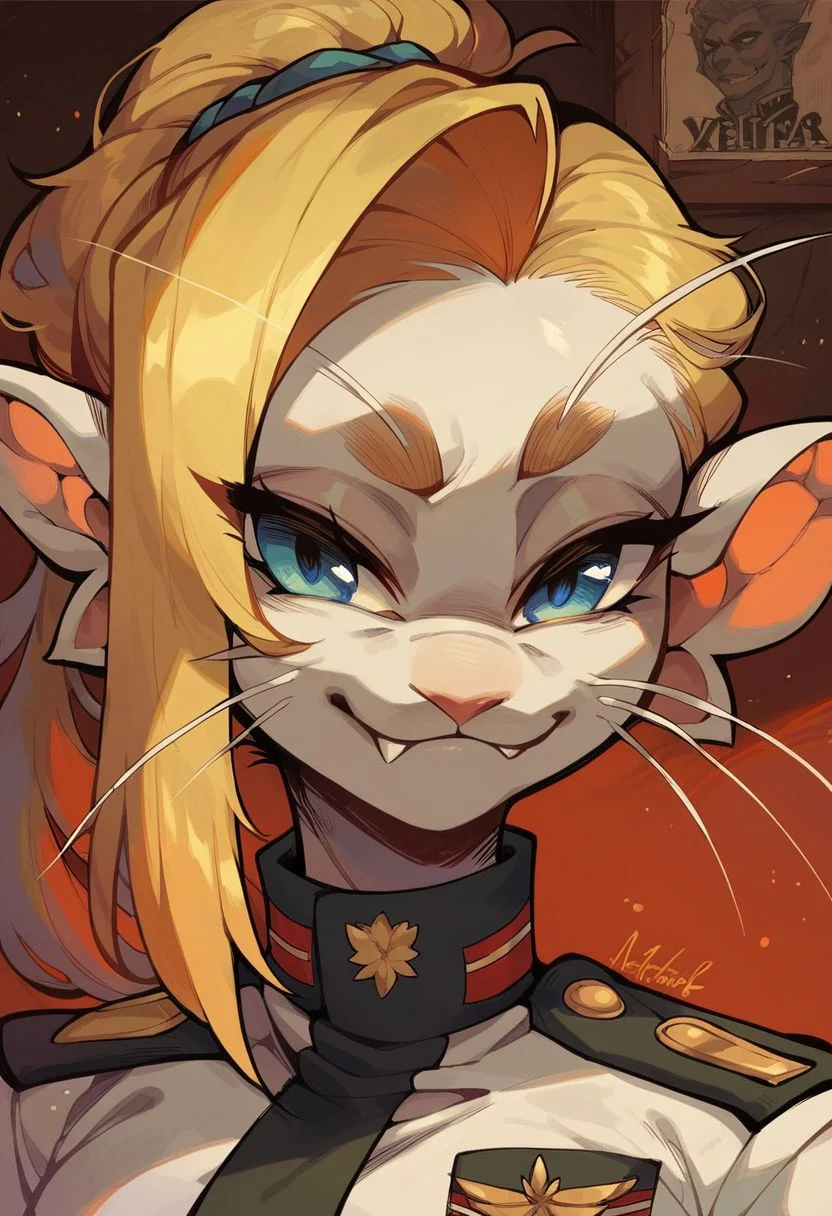 score_9, score_8_up, score_7_up, score_6_up, (ariral:1.1), female, white body, blonde hair, blue eyes, cute fangs, smug \:\3,whiskers, military uniform, posing for a poster