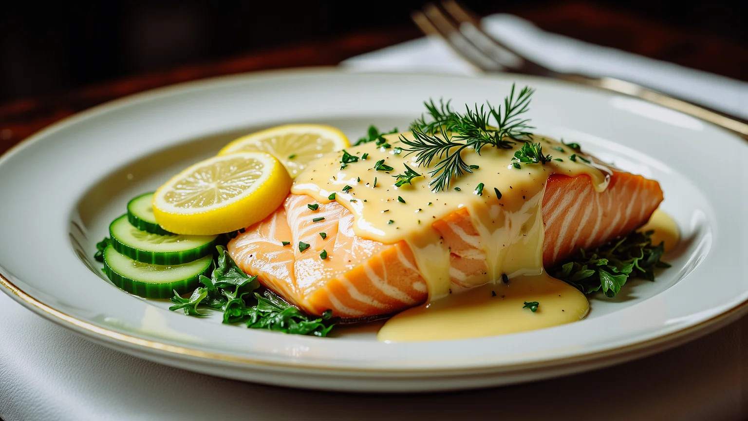 Elegant food photography, early 20th-century style: A perfectly poached, light pink salmon fillet, skinless, is centered on a fine white china plate with a subtle gold rim. A generous, smooth, and glossy pale-yellow Hollandaise sauce (or a slightly fluffier Mousseline sauce) is artfully napped over one side of the salmon, allowing some of the pink fish to show. Beside the salmon, arrange a few thinly sliced, bright green cucumber rounds, possibly overlapping slightly. A single, vibrant yellow lemon wedge rests on the plate. A delicate sprinkle of finely chopped fresh dill or parsley is scattered lightly over the sauce and plate. The background is softly blurred, hinting at a luxurious Edwardian dining saloon with dark wood and crisp white linen. Lighting is soft, natural, and slightly formal, emphasizing the textures and freshness of the dish. Cinematic, historical, refined, appetizing.