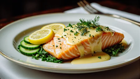 Elegant food photography, early 20th-century style: A perfectly poached, light pink salmon fillet, skinless, is centered on a fine white china plate with a subtle gold rim. A generous, smooth, and glossy pale-yellow Hollandaise sauce (or a slightly fluffier Mousseline sauce) is artfully napped over one side of the salmon, allowing some of the pink fish to show. Beside the salmon, arrange a few thinly sliced, bright green cucumber rounds, possibly overlapping slightly. A single, vibrant yellow lemon wedge rests on the plate. A delicate sprinkle of finely chopped fresh dill or parsley is scattered lightly over the sauce and plate. The background is softly blurred, hinting at a luxurious Edwardian dining saloon with dark wood and crisp white linen. Lighting is soft, natural, and slightly formal, emphasizing the textures and freshness of the dish. Cinematic, historical, refined, appetizing.