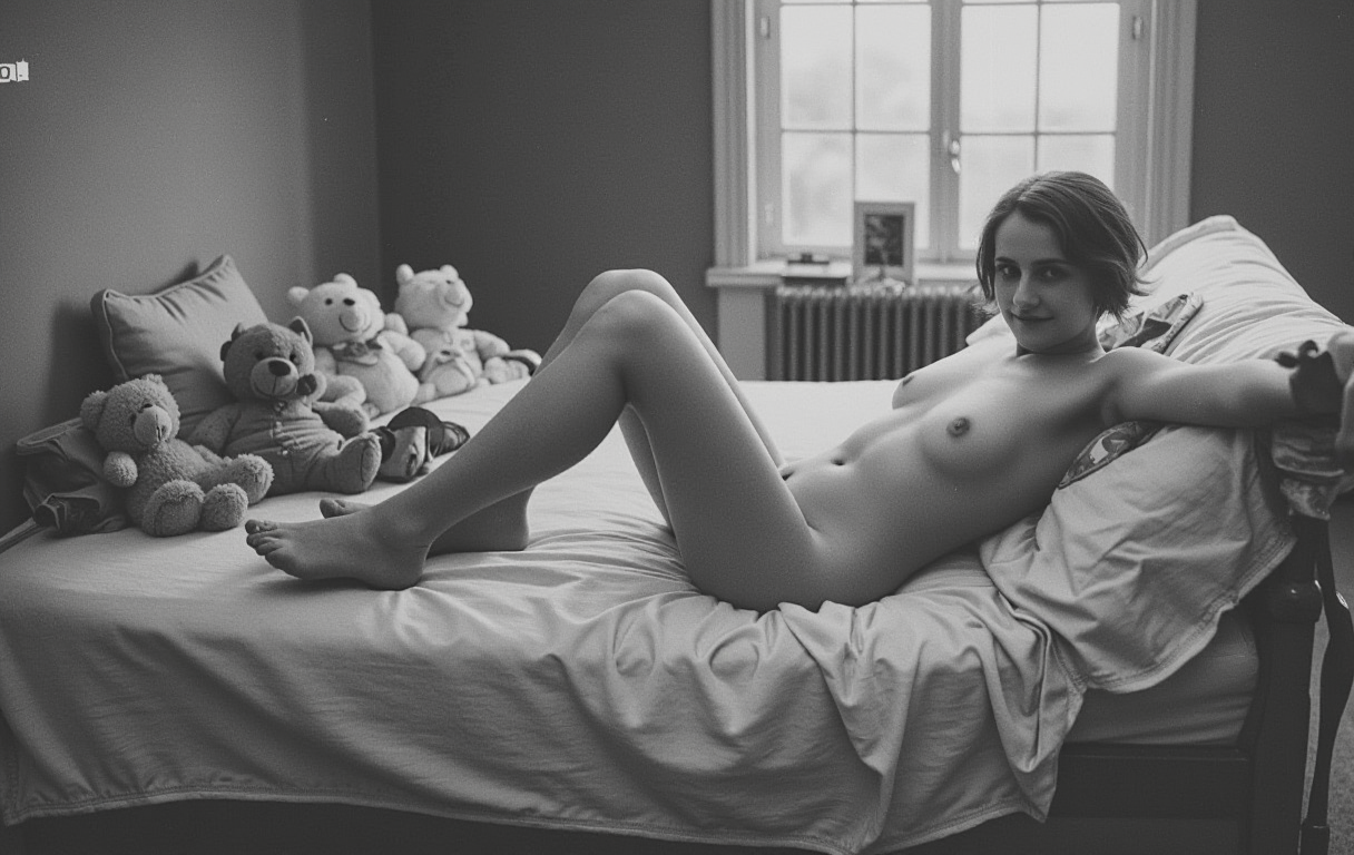 V1nt4g3 . This is a black and white photograph from the late 19th or early 20th century featuringwith text above:"beautiful flux!".
beautiful cinematic masterpiece depicting elle, a young beautiful woman. she is totally nude and lying in her cozy bed. she has a pink princess bedroom in which teddy bears and lying around. her legs are spread and she is showing her pussy. beautiful vagina, her beautiful breasts are visible and she smiles at the viewer. her skin ist glistening. the sun is rising and shines onto the bed. aidmatextimprover