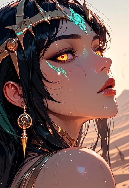 (score_9, score_8_up), face_focus, 1girl, seductive_gaze, sun-kissed_skin, golden_eyeliner, full_red_lips, intricate_golden_headpiece, sweat_gloss, windswept_raven_hair, sand_pearl_earrings, desert_wind_effect, glowing_amber_eyes, dunes_blurred_background, masterpiece, best_quality