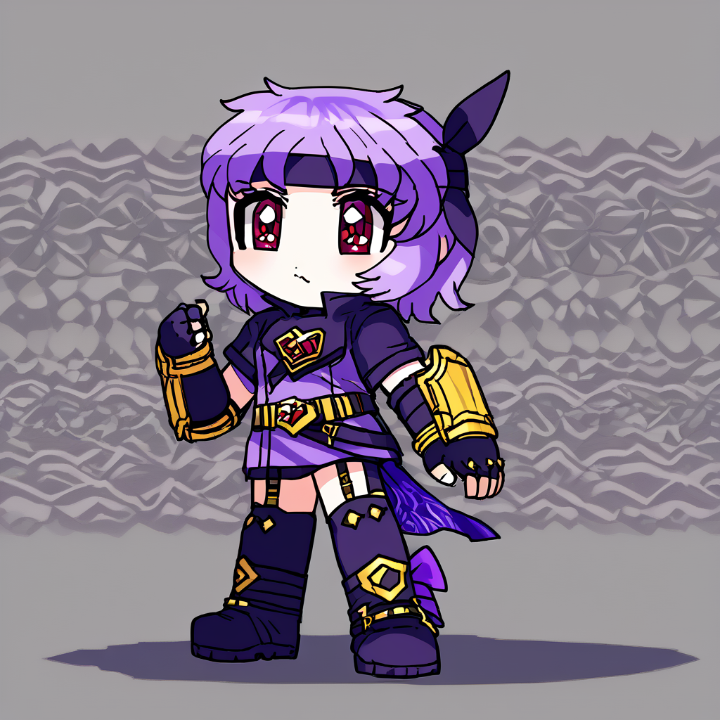 <lora:yang-10:1.2> yanghunteroutfit,  gauntlets   <lora:ayane-v2-ponyxl:0.8> ayane, headband, purple clothes  <lora:murasakigezi:1> chibi