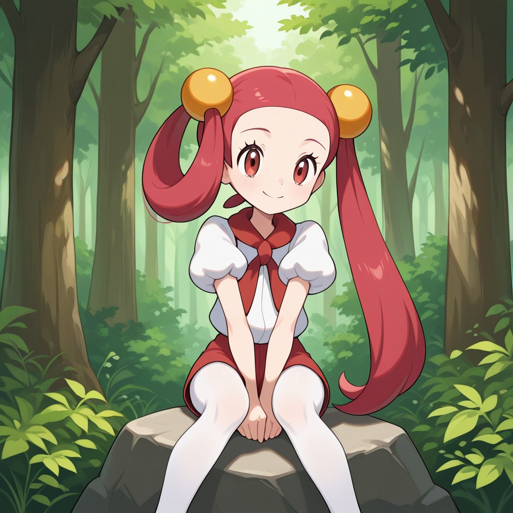 1girl, solo, mira (pokemon), smile, very long hair, pink hair, red hair, hair rings, twintails, hair beads, asymmetrical hair, tied hair, red eyes, red scarf, white shirt, puffy short sleeves, red shorts, short shorts, white pantyhose, legwear under shorts, sitting on rock, arms between legs, forest