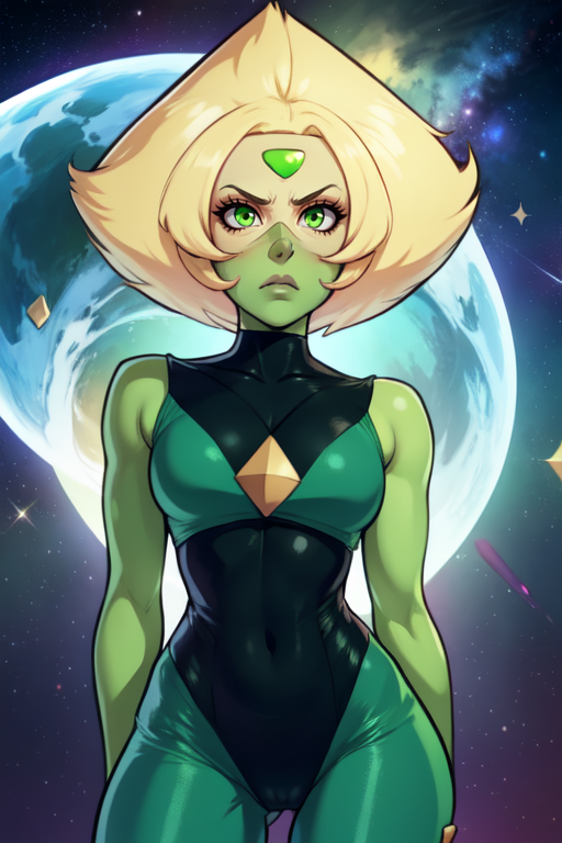 Peridot,green skin,forehead jewel, green eyes,blonde hair,
leotard, head shades.  cameltoe,  hips, 
serious,  
 solo, upper body,    cowboy shot,  standing, 
stars, space,  milky way,
 (insanely detailed, beautiful detailed face,masterpiece, best quality)  <lora:Peridot:0.8>