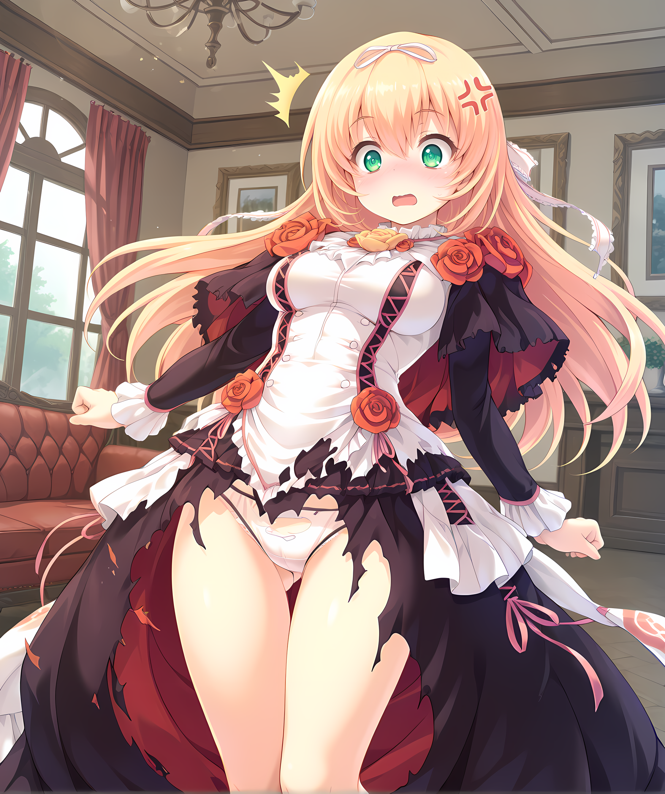 <lora:Alicia_Close_ã¢ãªã·ã¢ã¯ã­ã¼ãº_-_Escude_-_Relord:0.9>,solo,aliclose,blonde hair,long hair,green eyes,medium breasts,rose,hair ribbon,black dress,apron dress,sash,standing,indoors,living room,white panties,torn clothes,torn panties,torn apron dress,surprised,blush,anger vein,, masterpiece,best quality,amazing quality, very aesthetic, absurdres,detailed eyes,ultra-detailed,