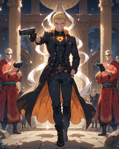 score_9, score_8_up, score_7_up, score_6_up, source_anime, rating_explicit, ah1, best quality, (masterpiece:1.4), (high quality:1.4), sharp focus, 4k, absurd resolution, <lora:albertwesker-guy-PONYv1:0.8> albertwesker, albert wesker, 1boy, solo, blonde, black gloves, sunglasses, belt, pants, black coat, black pants, looking at viewer, toned, athletic, fit, slicked back hair, black turtleneck, zipper, mature male, (graphene textured clothes), black boots, (a group of thieves attempt to steal a magical treasure from an ancient temple), bad-hands-5, ((Smiling face with heart-shaped eyes expression)), <lora:xl_more_art-full_v1:0.4>, <lora:shinyskin2:0.3> glistening skin, <lora:aesthetic_anime_v1s:0.4>, <lora:Expressive_H:0.4> Expressiveh, <lora:hairdetailpxl:0.4> hairdetailpxl, <lora:EpicF4nta5yXL:0.4>, <lora:detailxl:0.4> detailxl, <lora:Fant5yP0ny:0.4>, (focused, intense glare), slit pupils, short hair, (reddish orange eyes), <lora:YusufDikecGunPose_pdxl_Incrs_v1:0.8> holding weapon, holding gun, handgun, hand in pocket, aiming, full body, illustration, Volumetric_Lighting, ultra-detailed, very aesthetic, intricate details, absurdres, 8k, masterpiece, best_quality,