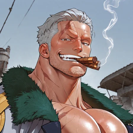 masterpiece, best quality, absurdres, newest, perfect quality, best quality, absolutely eye-catching, detailed background, intricate details, bara, 1boy, male, male focus, solo, mature, smoking, two cigars, mouth hold, silver hair, short hair, forehead, brown eyes, white and blue marine jacket, open jacket, green fur, stubble, hairy, scars, bara, muscular, large pectorals, large biceps large biceps face close-up, portrait, looking at viewer, side view, smirk, outside scenery, very awa, best quality, absurdres, newest, perfect quality, detailed background, intricate details, (artist:rokudenashi:0.8), (artist:dizdoodz:0.7), (artist:gomtang:0.6)
