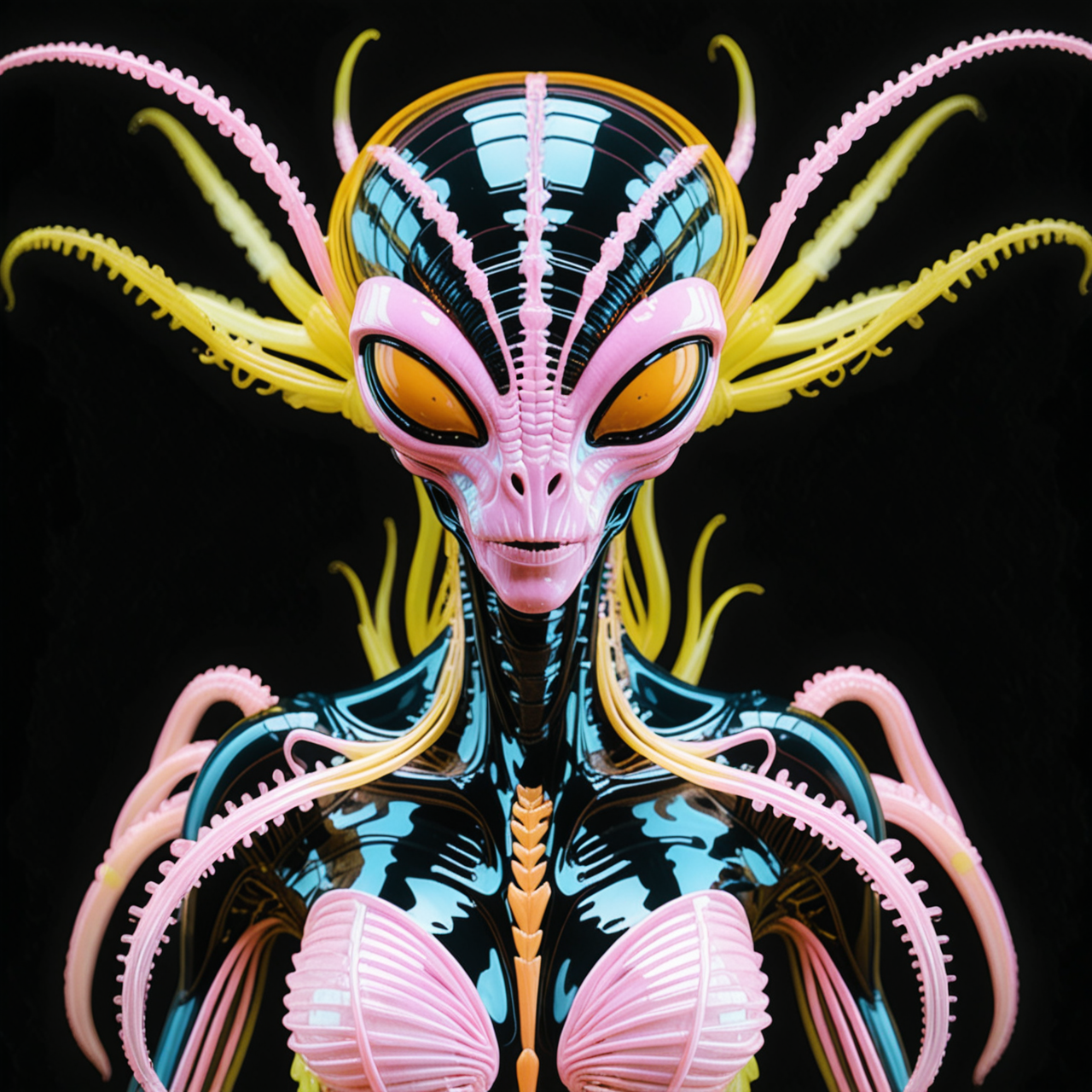 (Ombre color scheme of neon light pink ,neon light orange ,neon yellow ) alien with amorphous body, brown eyes, matte black veined skin, segmented antennae, tentacles, cybernetic implants,frills (made of:1.1) (tiny:1.1), (neon:1.2), (glass:1.1) (filaments:1.2), <lora:World_of_Filaments:0.8>  w0f1l