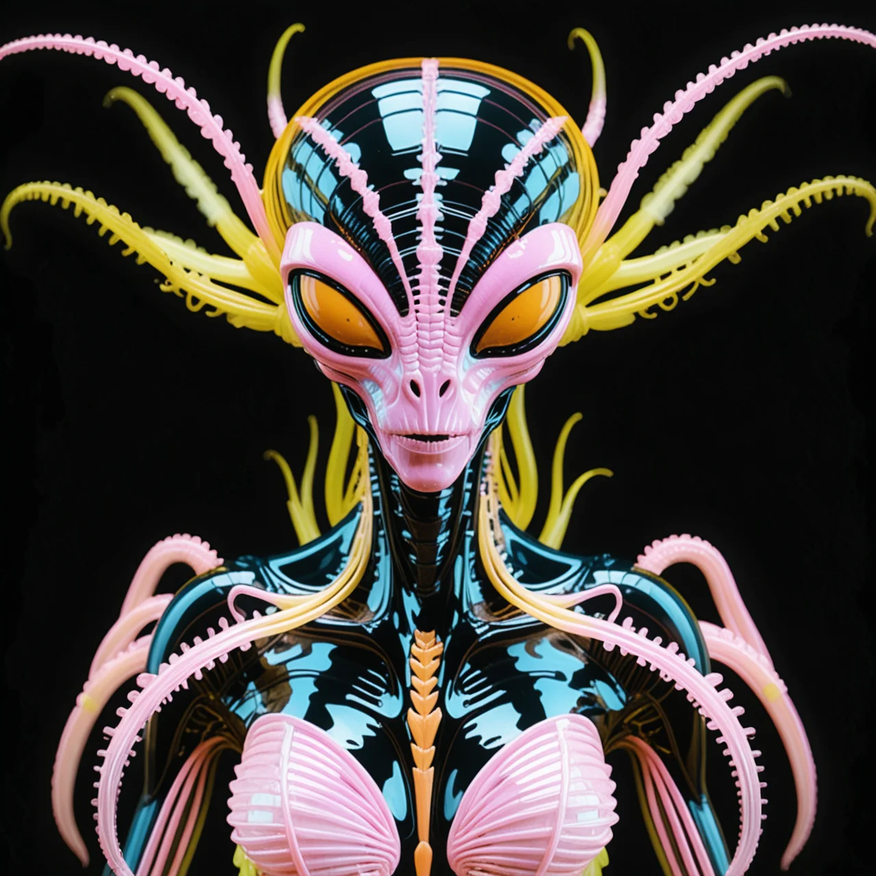 (Ombre color scheme of neon light pink ,neon light orange ,neon yellow ) alien with amorphous body, brown eyes, matte black veined skin, segmented antennae, tentacles, cybernetic implants,frills (made of:1.1) (tiny:1.1), (neon:1.2), (glass:1.1) (filaments:1.2), <lora:World_of_Filaments:0.8> w0f1l