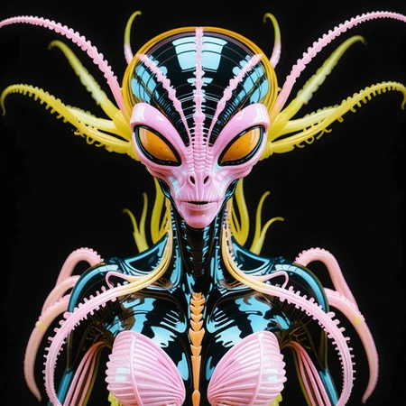 (Ombre color scheme of neon light pink ,neon light orange ,neon yellow ) alien with amorphous body, brown eyes, matte black veined skin, segmented antennae, tentacles, cybernetic implants,frills (made of:1.1) (tiny:1.1), (neon:1.2), (glass:1.1) (filaments:1.2), <lora:World_of_Filaments:0.8> w0f1l
