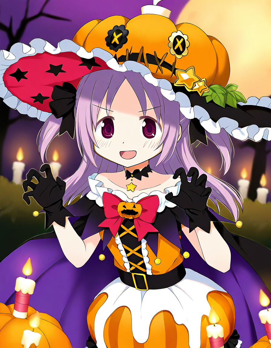 masterpiece, best quality, newest, absurdres, highres, safe, 1girl, misono karin \(halloween ver.\), magia record: mahou shoujo madoka magica gaiden, gloves, candle, solo, smile, open mouth, v-shaped eyebrows, claw pose, outdoors, dutch angle, <lora:misono_karin_noobaiXLNAIXL_vPred10Version:0.7>