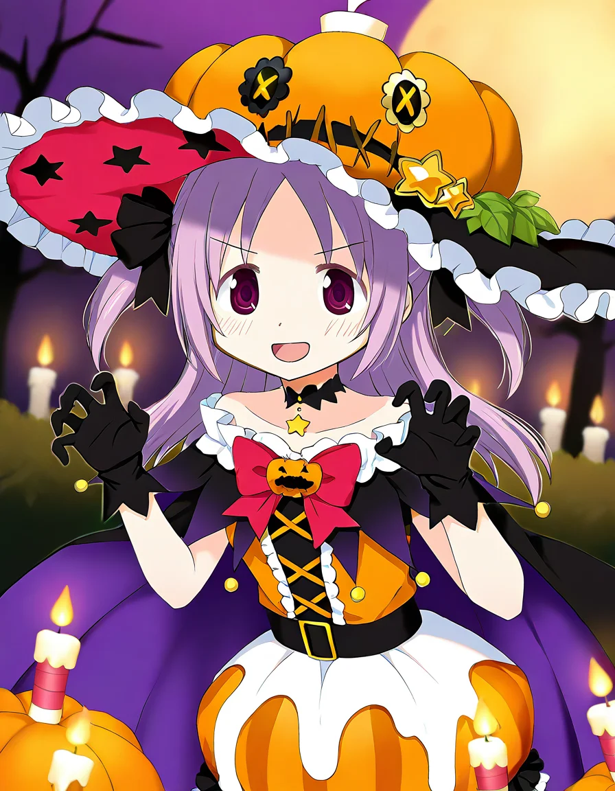 masterpiece, best quality, newest, absurdres, highres, safe, 1girl, misono karin \(halloween ver.\), magia record: mahou shoujo madoka magica gaiden, gloves, candle, solo, smile, open mouth, v-shaped eyebrows, claw pose, outdoors, dutch angle, <lora:misono_karin_noobaiXLNAIXL_vPred10Version:0.7>