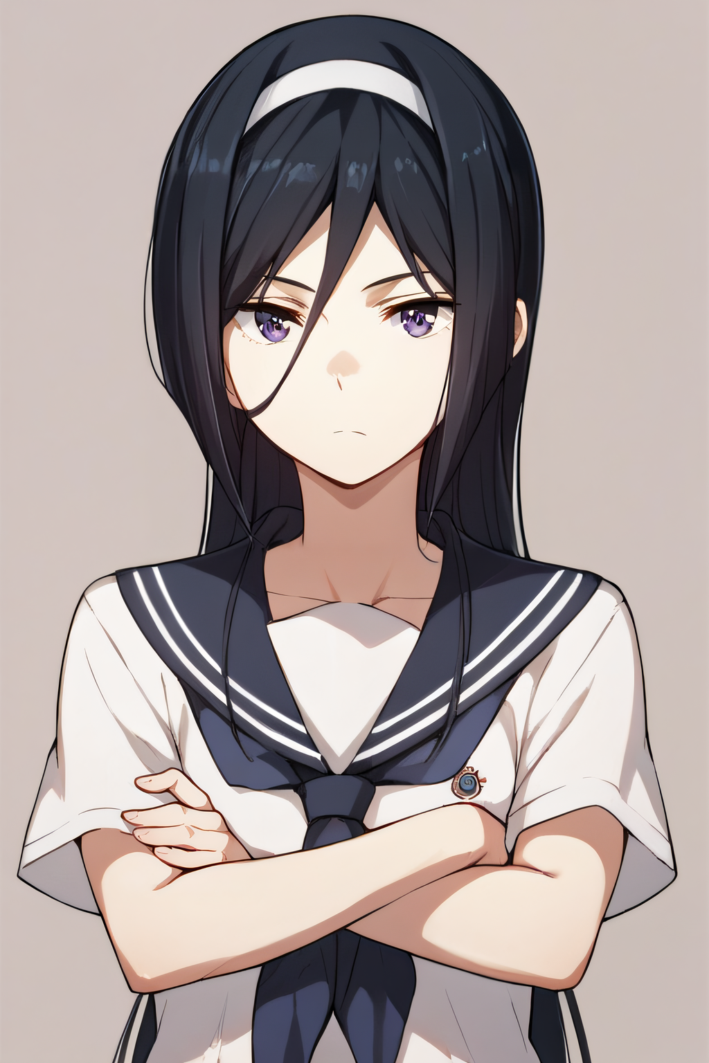 score_9, score_8_up, score_7_up, score_6_up, score_5_up, score_4_up, BREAK source_anime, masterpiece, best quality, ultra quality, <lora:PONY_Irisu:1>, irisu, black hair, long hair, purple eyes, hairband, serafuku, short sleeves, looking at viewer, simple background, expressionless, upper body, frontal view, crossed arms, five fingers